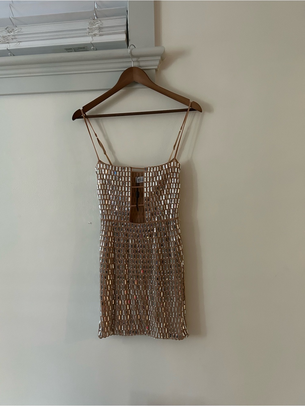 Oh Polly Champagne Sequin Mini Dress with Spaghetti Straps